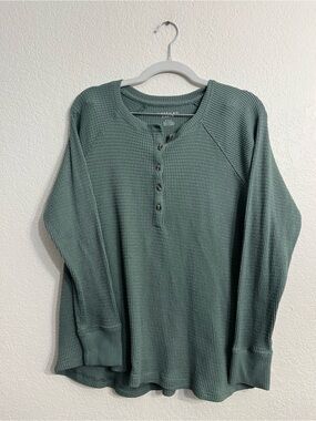 American Eagle Outfitters Women's Sage Green Waffle Henley Crewneck Sweater